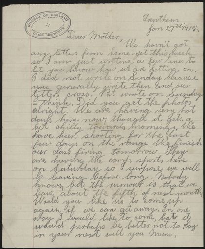 Letter from Les Argyle, from Trentham in WWI
