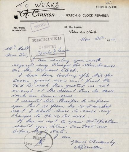 Letter from A Cranson to Palmerston North City Council regarding charges for maintenance of the Clock Tower