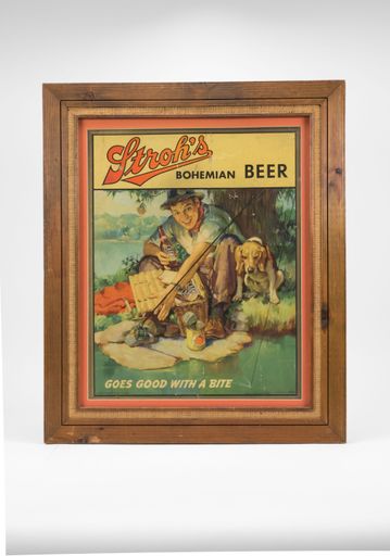 Stroh's Man & Dog Fishing Framed Cardboard Sign