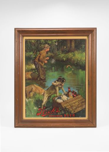 Stroh's Dog Stealing Fisherman's Lunch Cardboard Sign