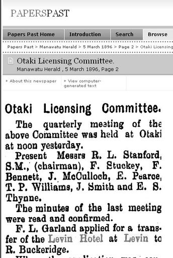 Levin Hotel 5 March 1896 from Garland ro Buckeridge