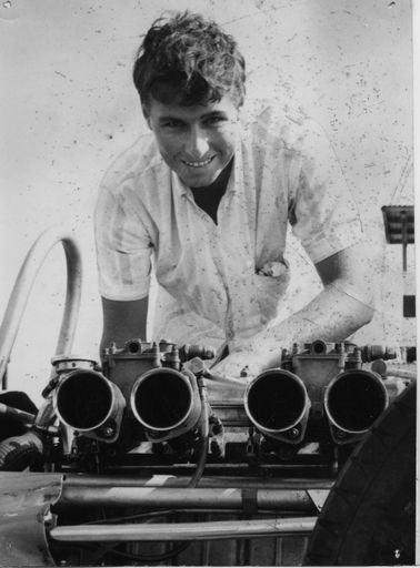 Levin mechanic works on Brabham-Climax race car, 1968