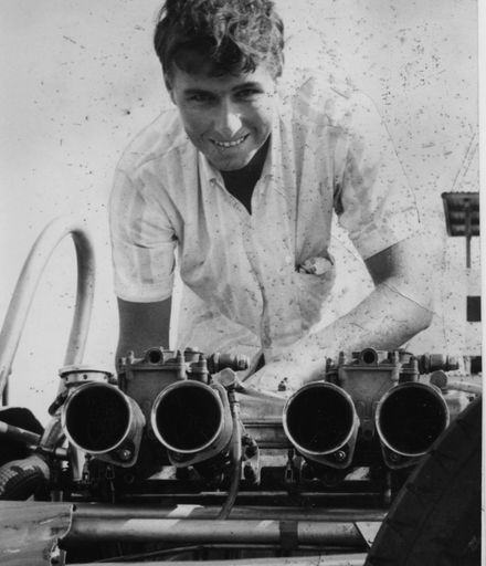 Levin mechanic works on Brabham-Climax race car, 1968