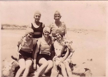 Group of five women at Foxton Beach, 1925-30