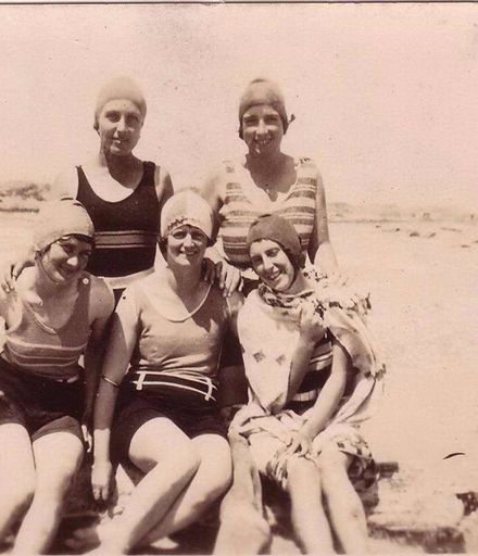 Group of five women at Foxton Beach, 1925-30