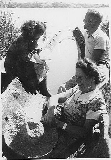Group in Maori canoe at Lake Horowhenua