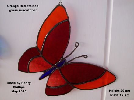 Red Orange stained glass Butterfly suncatcher.