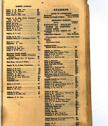 Manawatu 1945 Telephone Directory Shannon page 89