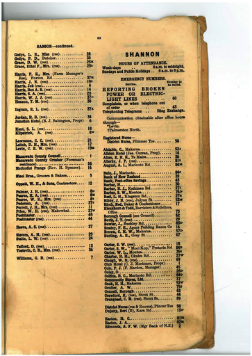 Manawatu 1945 Telephone Directory Shannon page 89