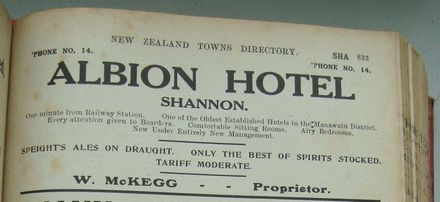 New Zealand Post Office Directory 1921 Shannon - Albion Hotel advert