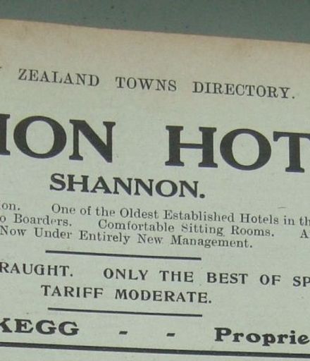 New Zealand Post Office Directory 1921 Shannon - Albion Hotel advert