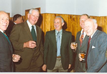 Dan Hazlewood, Bill Larrant, Jim Drake, Austin Sextus and Johnny Bryant at the 40th anniversary dinner for the Manakau Branch of the WDFF 1979.
