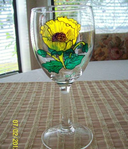 Hand painted two Yellow poppy wine glass