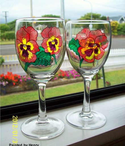 Hand Painted Red yellow pansy wine glasses
