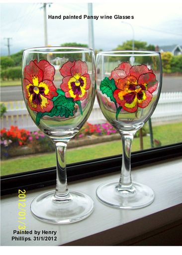 Hand Painted Red yellow pansy wine glasses