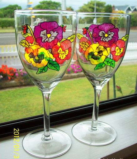 Hand painted  Pansy wine glasses