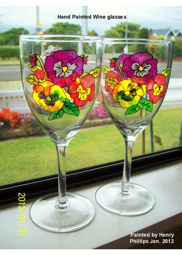 Hand painted Pansy wine glasses
