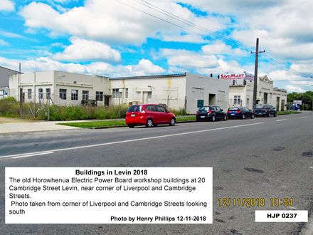 The old Horowhenua Electric Power Board workshop buildings at 20 Cambridge Street Levin, near corner of Liverpool and Cambridge Streets. - Resource cover image