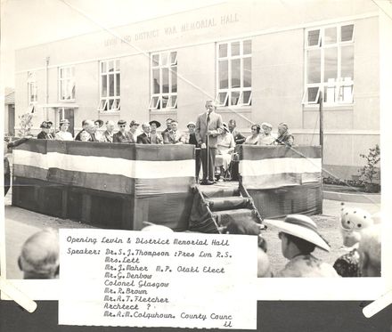 Opening Levin & District War Memorial Hall, 1956