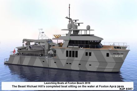 HJP 0387 The Beast Michael Hills completed boat sitting on the water at Foxton Apri 2019 - Resource cover image