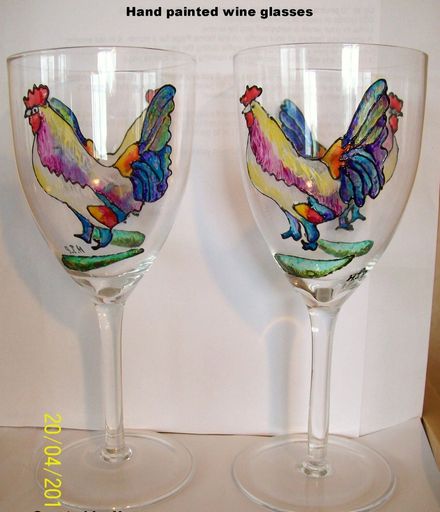 Hand painted rooster wine glasses
