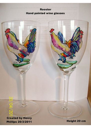 Hand painted rooster wine glasses
