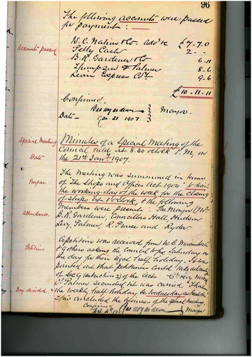 Minutes of Special Meeting - 21 January 1907