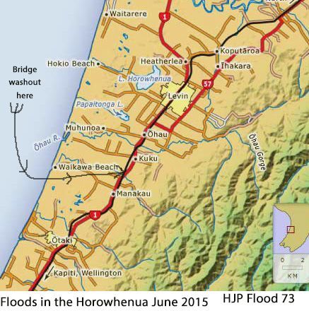 Flood 73 Map of Horowhenua Manakau and Waikawa River bridge was the State Highway washed out June 2015