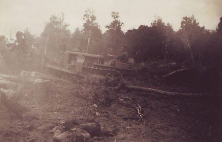 Bulldozer being used to push tree up improvised ramp onto truck