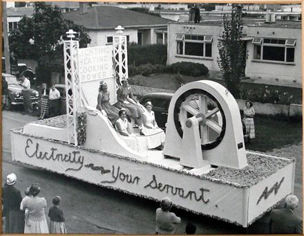 Parade float decorated for H.E.P.B. Golden Jubilee, 1956