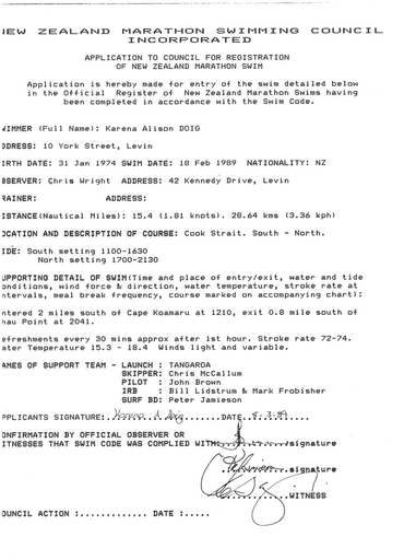 NZ Marathon Swimming Council application by Karena Doig to register marathon swim - Resource cover image