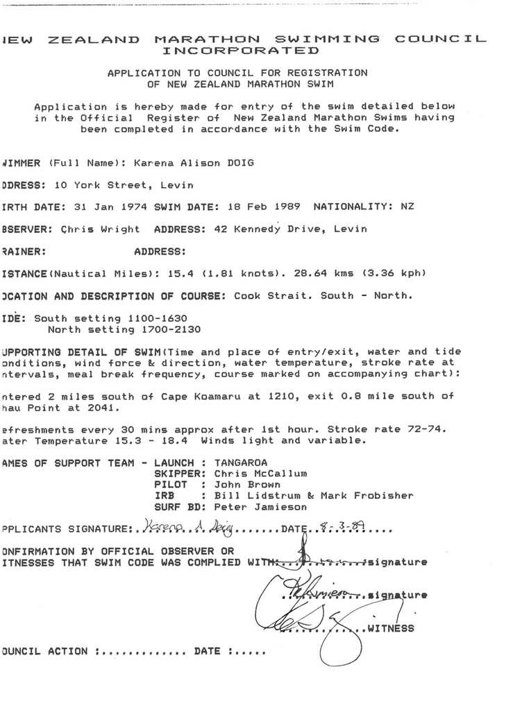 NZ Marathon Swimming Council application by Karena Doig to register marathon swim - Resource cover image