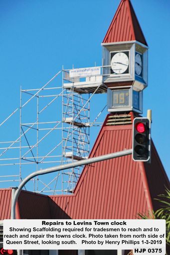 HJP 0375    Repairs to Levins' Town clock  1-3-2019  Showing Scaffolding required to access clock tower - Resource cover image