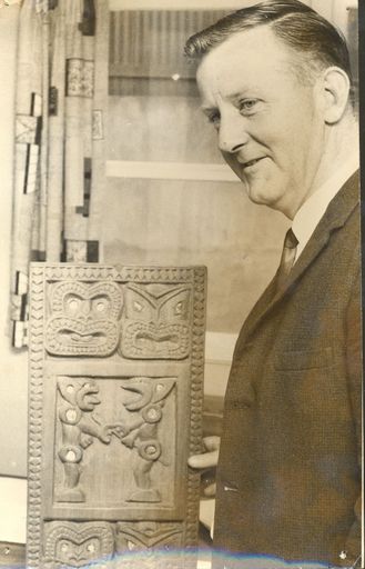 Mr Woulfe & carving by pupil, Hokio Beach School, 1969