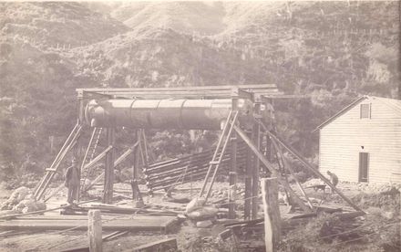 Babcock boiler being put up to drive air compressors for tunnel, 1920's