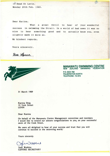 Karena Doig letters of congratulations from Des Spence and Manawatu Swimming Centre - Resource cover image