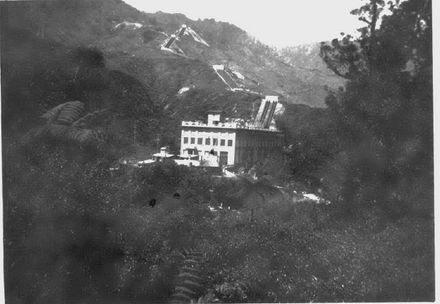 Mangaore Powerhouse with penstocks in background, early 1920's - Resource cover image