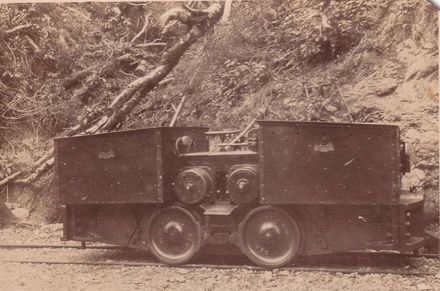 Locomotive used in main tunnel excavation work, Mangahao, 1920's