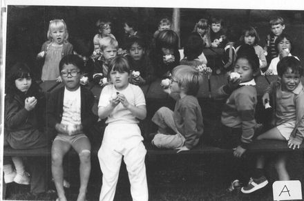 Children eating apples in picnic area at Summerland