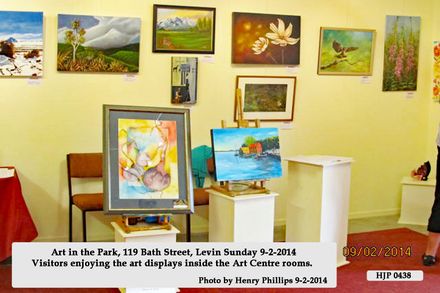 Art in the Park, 119 Bath Street, Levin Sunday 9-2-2014 Visitors enjoying the art displays inside the Art Centre rooms.