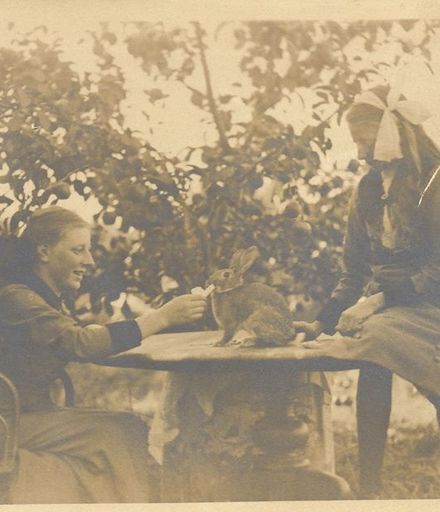 Margaret & Dorothy Dean with pet rabbit, Levin, c.1912