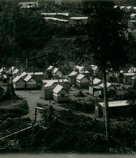 Campsite showing workers accommodations at Upper Mangahao Dam (?), 1923