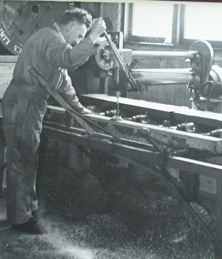 Drilling pole crossarms, workshop at H.E.P.B. depot