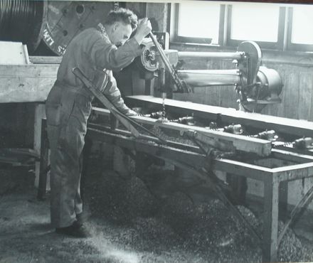 Drilling pole crossarms, workshop at H.E.P.B. depot