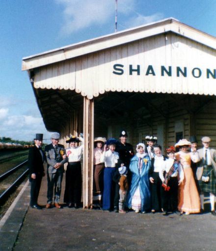 Shannon Variety Players on railway station platform, 1986