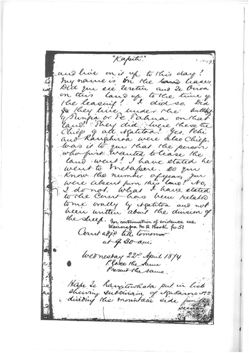 Otaki Maori Land Court Minutebook - 22 April 1874. - Resource cover image