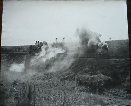 Steam locomotive pulling freight train, Forest Lakes area ?