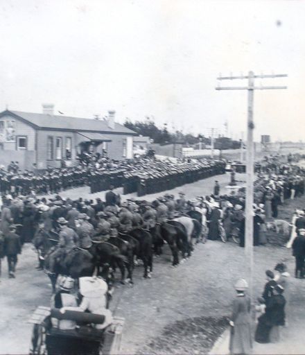 Crew of HMS New Zealand, Railway Station (Weraroa), 1913