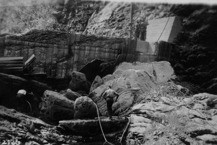Preparations to repair damage at base of No.2 Dam, Mangahao, 1936