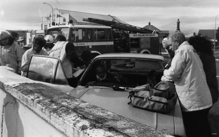 Firemen and Ambulance Crew Attending Car Accident, Foxton, 1996